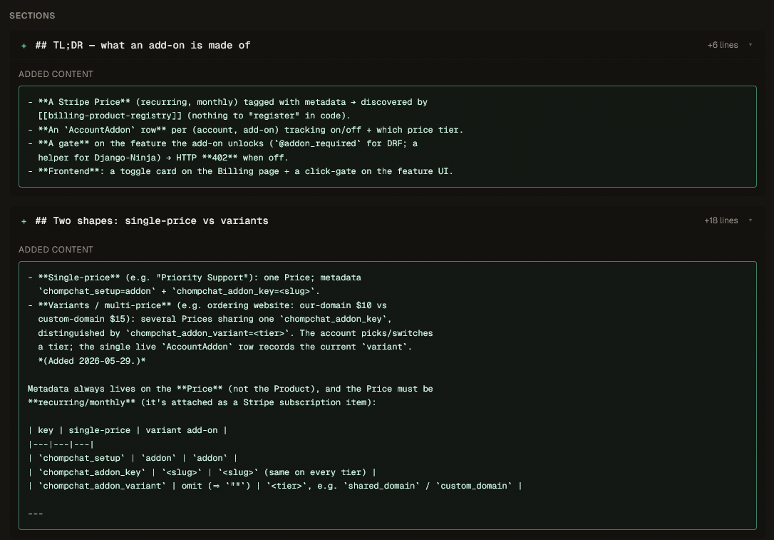 Contexo diff view showing two newly added markdown sections — a TL;DR (+6 lines) and a single-price vs variants section (+18 lines) — with their content highlighted